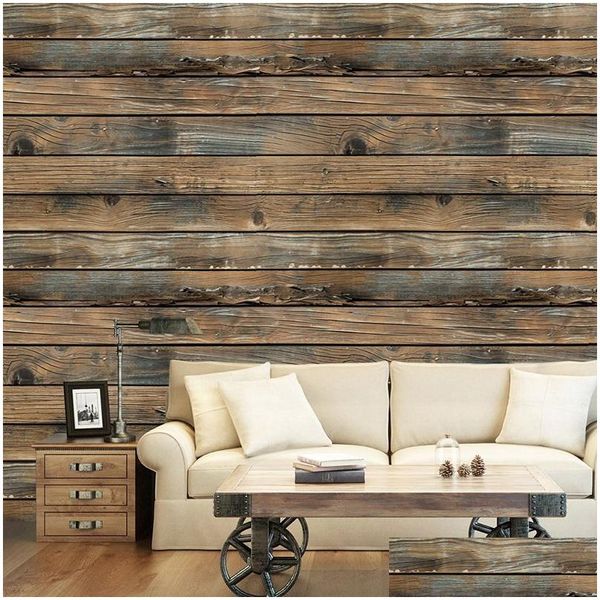 Papéis de parede retro Faux Wood Wallpaper Papel Stick Peel Peel Plank Roll PVC removível PVC para restaurante Drop entrega em casa Dhoiq