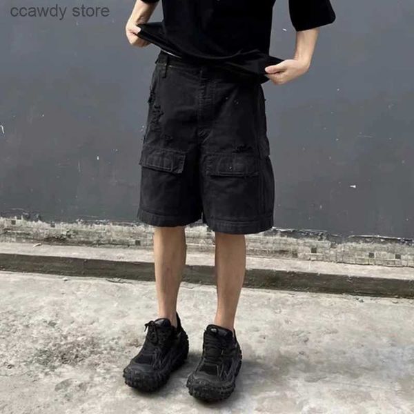 Herren Shorts Vintage zerrissene beschädigte schwarze Ladung für Männer hohe Strt breit g Baggy Overalls Destgierte Sommer Knick -Ngth Hosen H240507