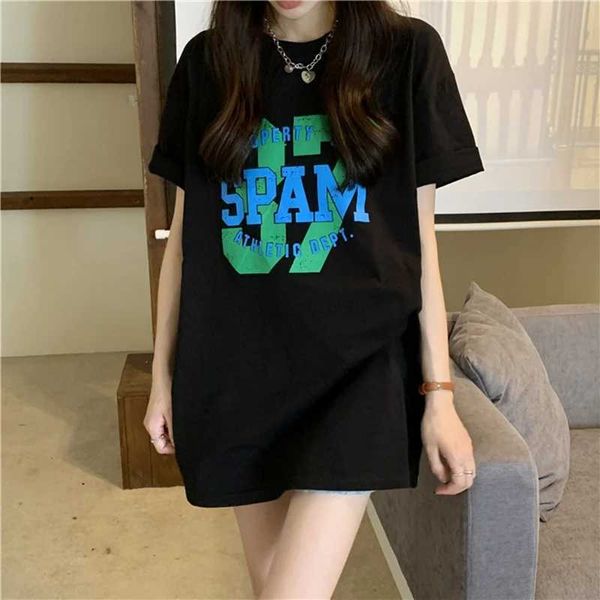 Frauen T-Shirt-Druckbuchstaben T-Shirt Frauen Hemd Kurzschlafen Lose Long T-Shirt Frauen Tops heiße Tees Cartoon Katze Sommer Baumwoll-T-Shirts S-XXL D240507