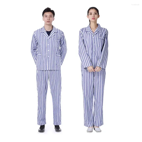 Pijama listrado de roupas de sono feminina azul e branco