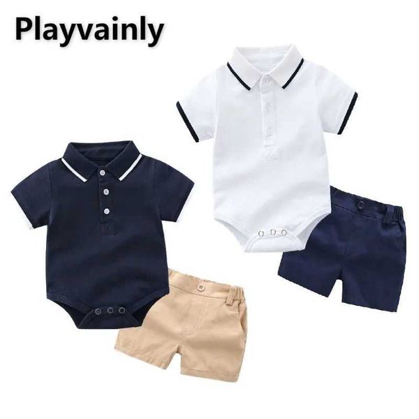 Roupas conjuntos de estilo coreano verão bebê menino casual 2pcs Conjunto de colarinho de colarinho azul branco de colarinho azul branco+shorts CRODADES CRIANÇAS H240507