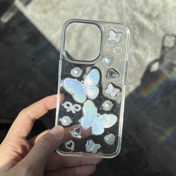Casos de telefone celular Korea 3D Glitter Laser Aurora Butterfly Case de telefone para telefone 15 14 13 12 11 Pro Max Love Heart Pearl Clear Soft Epoxy Capa