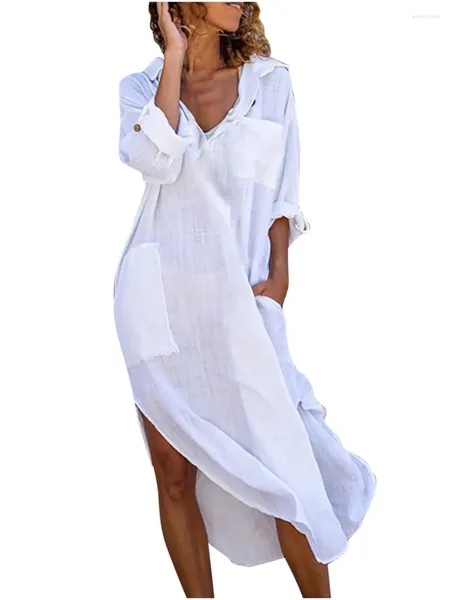 Vestido de banho feminino vestido de encobrimento senhoras de cor sólida manga comprida lapela lateral fenda média de camisa fina de praia