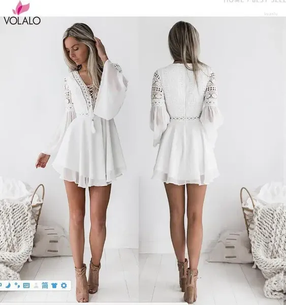 Повседневные платья Volalo Hollow Out White Dress Sexy Women Mini Chefon Criss Cross Полупроницаемое погружение V-образное с длинным рукавом кружево вязание крючком