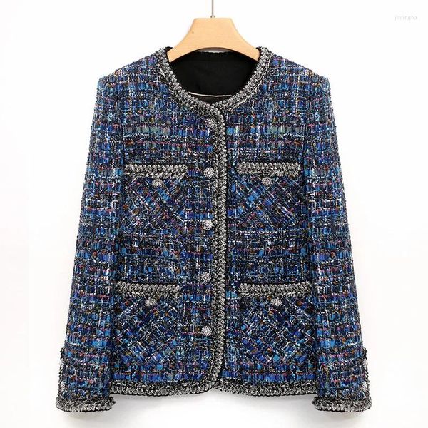 Jackets femininos de alta qualidade Luxo azul pequeno casaco de fragrâncias mulheres redondo pescoço de moda básica de manga longa de manga longa Tweed Short