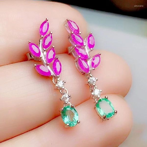 Mücevher Başına Dangle Küpe Doğal Gerçek Zümrüt Ruby Drop Cüping 0.15CT 12 PCS 0.5CT 2 PCS TEŞİ 925 STERLING Silver Fine T2033015