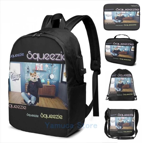 Mochila Funny Graphic Print Squeezie USB Charge Men Bags Escola Laptop de Viagem para Mulheres Viagem