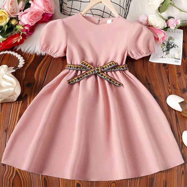 Girl Dresses Summer Girls Cute Round Neck Maniche soffici Cintura staccabile Abito rosa Daily Casual Princess Birthday Party Wedding