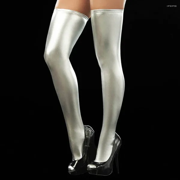 Frauen Socken Leggings Oberschenkel hohe Strümpfe PU Leder Wetlook Clubry sexy über knielangen Schachschild Oberschenkelhohe