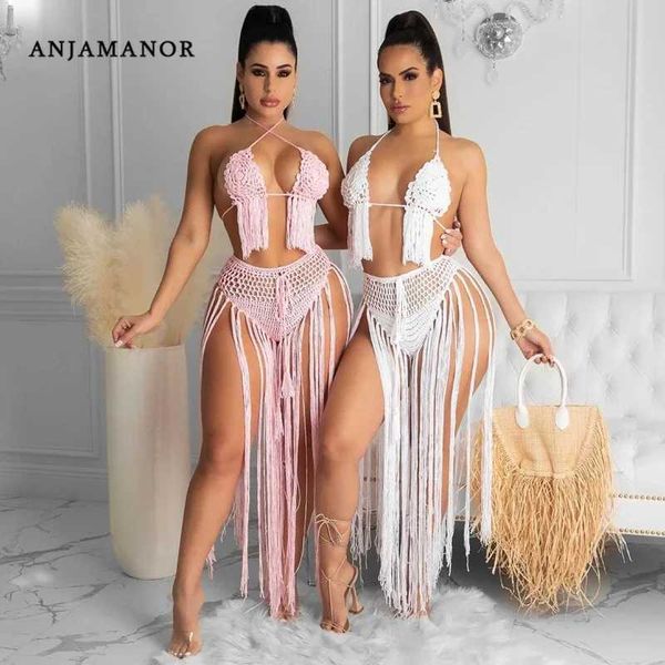 Vestido de duas peças Anjamanor Sexy férias roupas de praia usam vestido de crochê tassel conjuntos de biquíni com 2 peças de saia de verão itens de atacado de verão d48di20 t240507