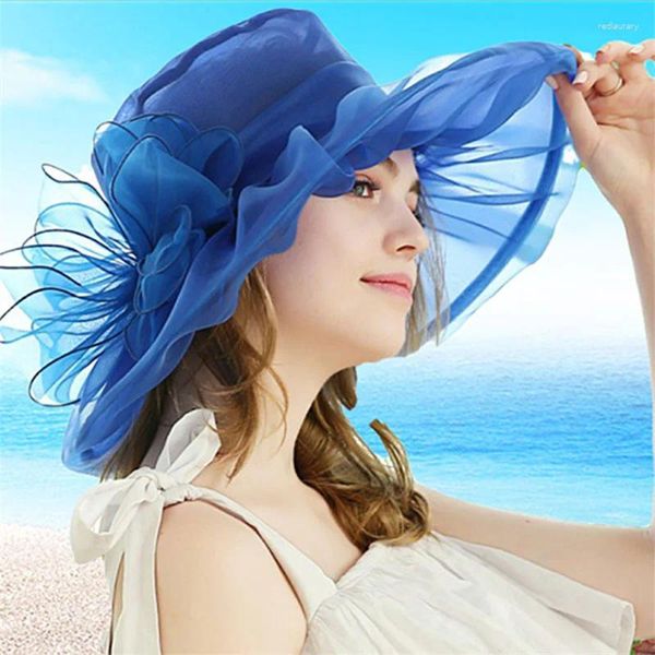 Breite Krempeln Hüte Frauen elegante Sonnenkleider Hochzeitsfeier Strand florale mehrschichtige Sonnenhäute für Damen