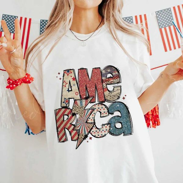 Damen T-Shirt 4. Juli Hemd Trendy 90er Mode Womens Casual Printed Muster T-Shirt Kleidung Amerika Frauen T-Shirt kurzschlitten gedruckt T-S D240507