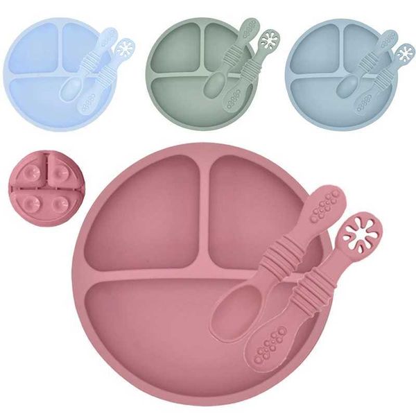 Copas de pratos utensílios de utensílios 3 pedaços de segurança de segurança de segurança de silicone placa de refeição de aprendizado conjunto de colher para alimentação para crianças treinando tabela de mesa retro crianças sorrindo fact