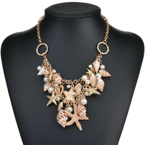 Schmuck: Muschelschale, simulierte Perlenkette, süßer und modischer Seestern, goldene mehrschichtige Halskette