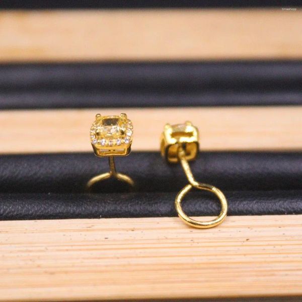 Brincos de garanhão 999 Pure 24k Yellow Gold for Women Cubic Zirconic Square Gemstone Hook 1.7g