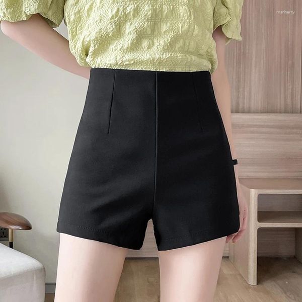 Shorts femininos de cintura alta mulher verão coreano um traje de linha fino elegante de escritório zíper preto fêmea larga perna larga