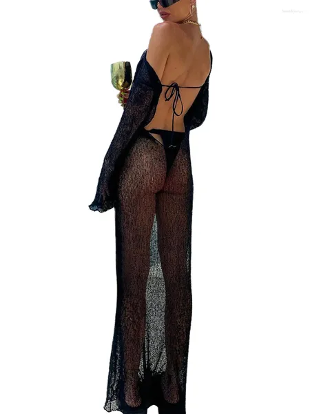 Donne Sexy See attraverso Mesh Sheer Maxi Dress Perspective Knit Beachwear Sleeve Long Off Cover Up Croil su Beach Party