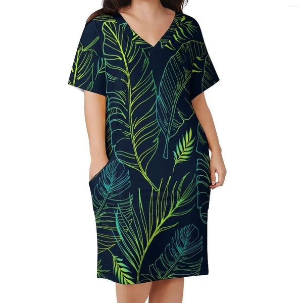 Vestidos casuais vestido de estampa de folha tropical v pescoço verde folhas de rua de streetwear verão design feminino de tamanho grande roupas