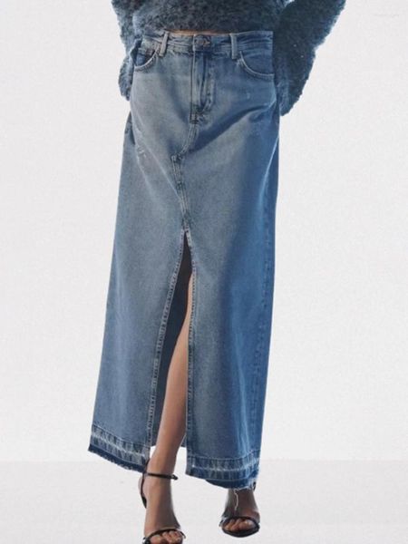 Skirts Classic Blue Denim for Women 2024 Summer High Pocket Docket Midi Skirt Streetwear Fashion Fashion Faldas Long Faldas