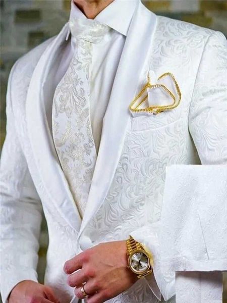 Ternos masculinos Blazers Groommen Branco Padrão Groom Tuxedos Shawl Satin lapela masculina sala de noiva de 2 peças (jaqueta+calça+gravata) D201 Q240507