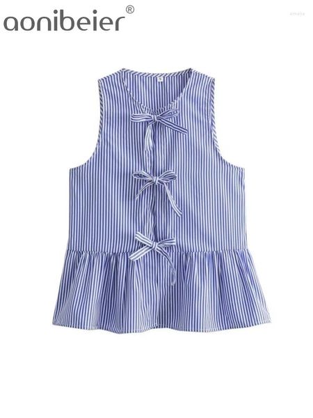 Camicette da donna Aonibeier Ultra sottile a strisce a strisce Lega da donna Scherchi senza maniche estate camicetta pepLum camicetta femmina