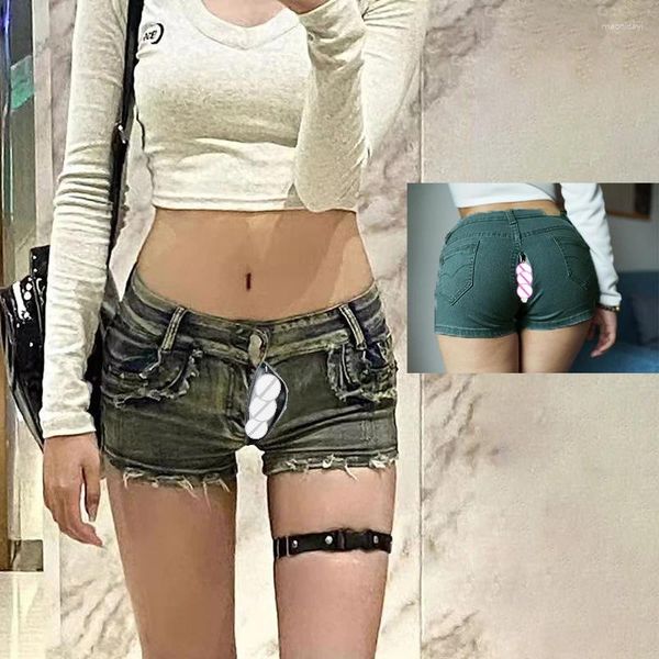 Frauen Jeans unsichtbarer offener Schritt im Freien Sex Y2G Niethöfe Mini Shorts Sommerhosen Low Taille Short Denim Stretch