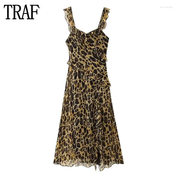 Vestidos casuais com estampa de leopardo vestido de vestido de mulher agitada midi para mulheres de verão sem costas de chiffon noite sexy