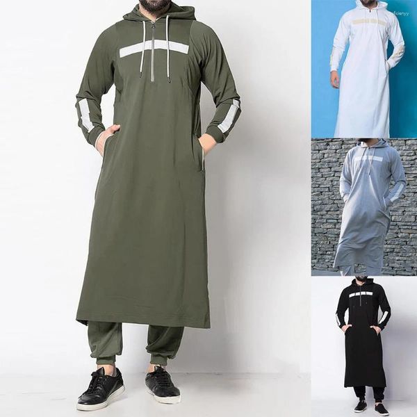 Con cappuccio maschile maschile musulmane mediorientale abbigliamento arabo arabo vintage a strisce sciolte a strisce tasche corse