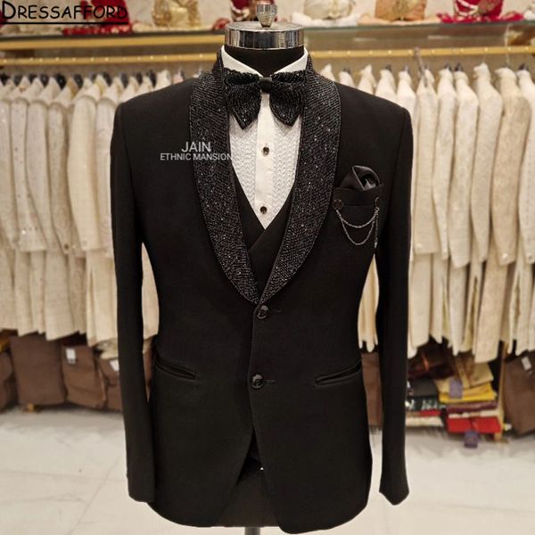 Tuxedo para o noivo Men Black Men Suits 2 PCs Blazer Pants Business Wedding Prom Party Made (jaqueta + calça + colete)