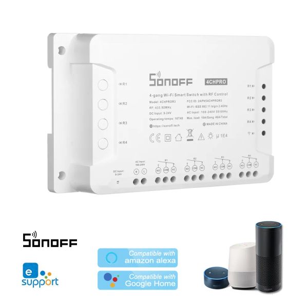 SONOFF CONTROL 4CH PRO R3 433MHz Switch Wi -Fi Polcha/Auto -Locking/Interlock WiFi Smart Switch Trabalho com Amazon Alexa Google Home