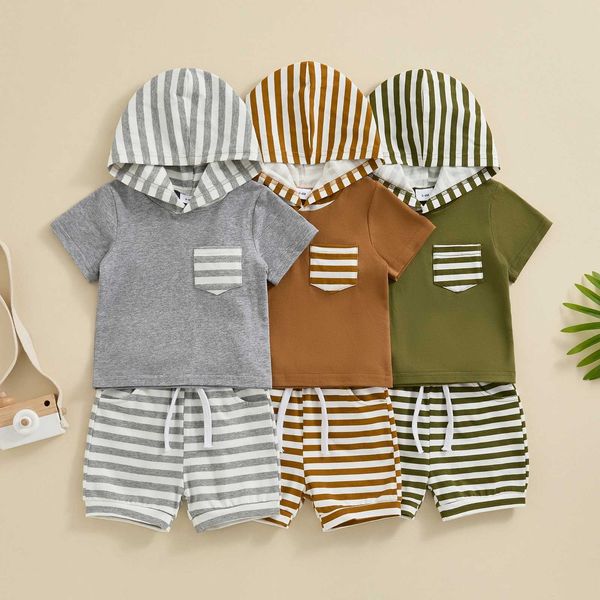Kleidungssets Kleinkindjungen Sommer -Outfit Baby Kapuze Kurzarm T -Shirt mit Taschenshorts Set -Stück Neutral Kleidung H240507