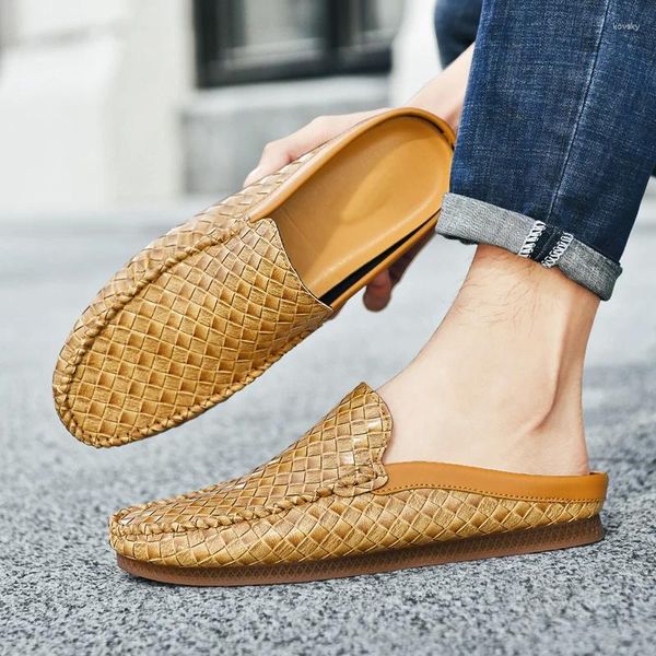 Terlik pu deri ayak parmağı kapağı yarım erkek ayakkabılar yaz kaymaz düz loafers için moda slip-on nefes alabilen erkekler