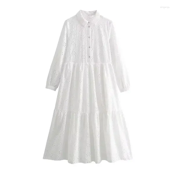 Abiti casual ricami White Woman Tut Out Midi Shirt Dress Women Bruffer Summer Beach Long 2024 sciolto