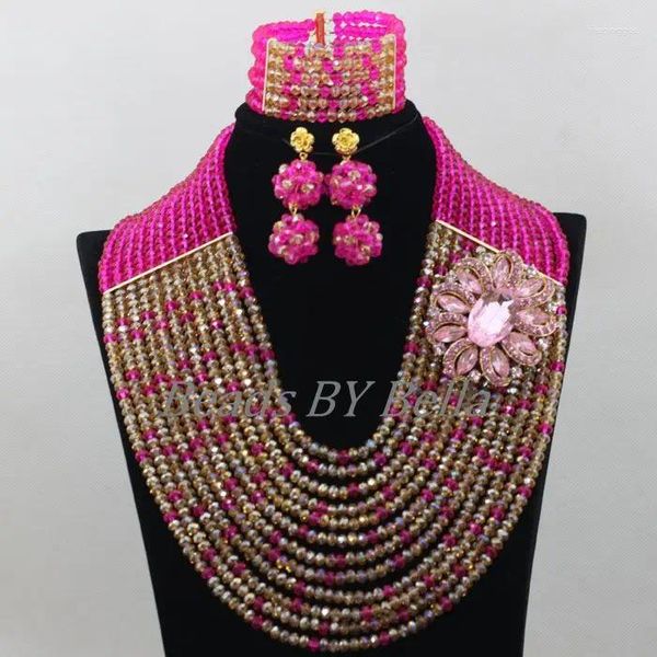 Orecchini di collana set di perle di cristallo fucsia a strati grossi costumi nigeriani costumi africani africani ABF674