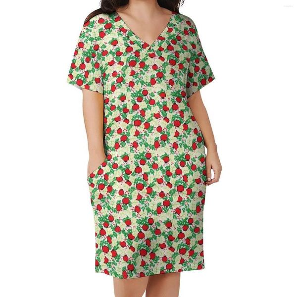 Vestidos casuais vestido de fruta tropical folhas verdes femininas safra vintage V Padrão de rua de rua de pescoço grande tamanho grande