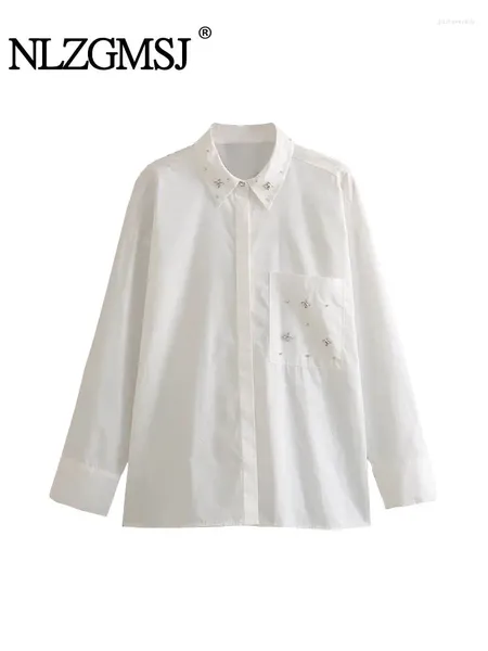 Kadın Polos Nlzgmsj 2024 Sonbahar Kadınlar Temel Ödeme Uzun Kollu Beyaz Gömlek Cep Baskı Ofis Gidiş Gömlekleri