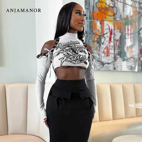 Frauen T-Shirt Anjamanor Womens Grafik Ts grau geschnitten kalter Schulter Schnüre-up Long Slve Crop Top Strtwear T-Shirt für Frauen D85-CZ15 T240507