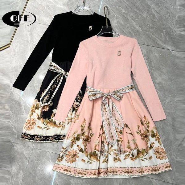 Lässige Kleider von Luxus Mode Herbst Pink Black Blumendruck Patchwork Stricken Mini für Frauen Chic Koreanische Lady Elegantes Kleid