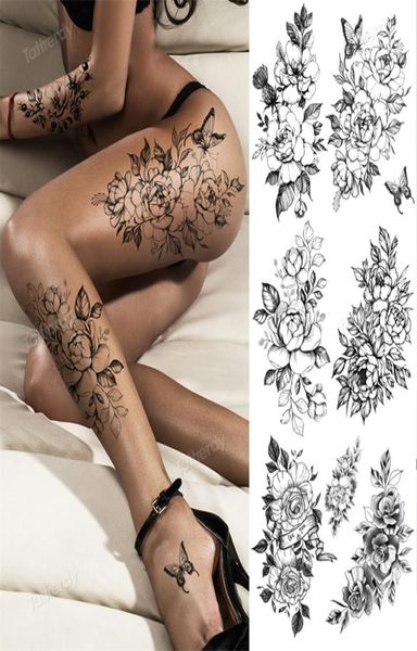 Tattoo Aufkleber Blume große Körperkunst wasserdichte temporäre sexy Oberschenkel für Frauen gefälschte Wasserschwarz -Skizzenlinienhülle 2205143620105