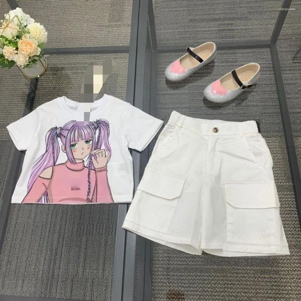 Roupas conjuntos de roupas de desenho animado shorts de camisa curta de duas peças para crianças roupas roupas de verão na cintura alta com designer de bolso crianças