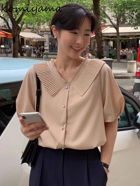 Frauenblusen elegante plissierte V-Ausschnitt-Hemden mit Kurzärmel Blusas Single Breace Camisas Korean Chic Ropa Mujer Sommertimen