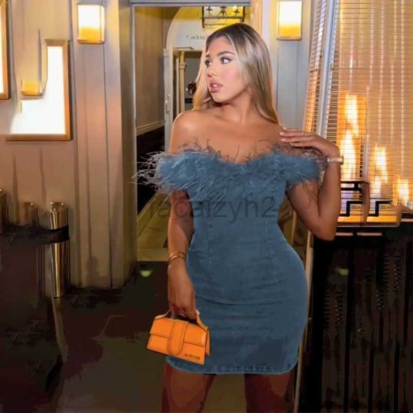 Vestido de grife, roupas femininas gostosas sexy um denim de ombro com bordas de pelúcia, vestido de estilo, saia curta para mulheres vestidos de tamanho grande