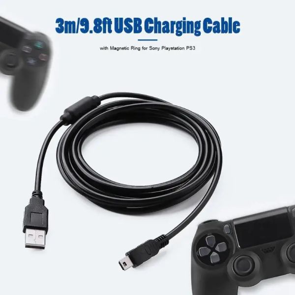 Cabos 3m fio de cabo de cabo de carga USB com anel magnético USB Segurança estável prática e durabilidade para o controlador sem fio da Sony PS3