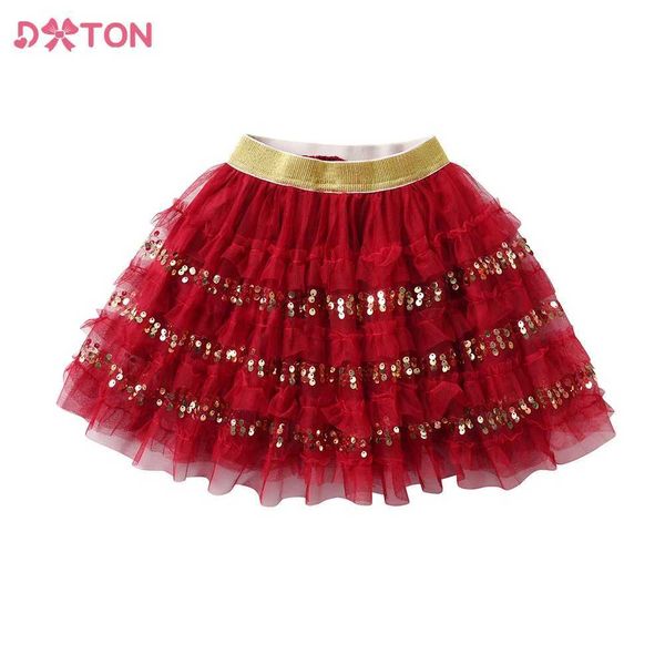 Tutu Dress Dxton Girls Salia de Natal Tutu Tulle Mesh em camadas Saias de festa Crianças Princess lantejas mini -saia Novo Ano Red Saias de presente D240507