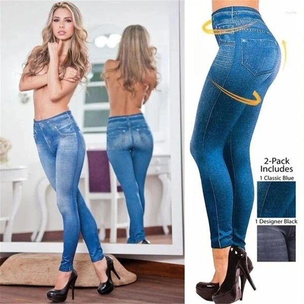 Kadın Taytlar Süper Yüksek Streç İmitasyon Denim Bel Zayıflama Kot Pantolonlar Sıradan Elastik Kalem Pantolonu Yukarı Jeggings