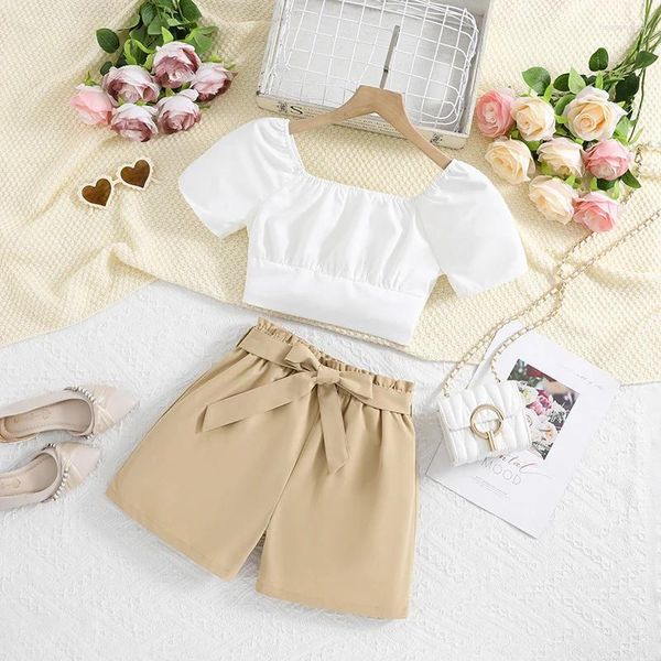 Kleidungssets für Kinder 8-12 Jahre weißer Quadrat Nacken kurzärmeligste Khaki-Shorts zweiteilige modische minimalistische Mädchen Sommer