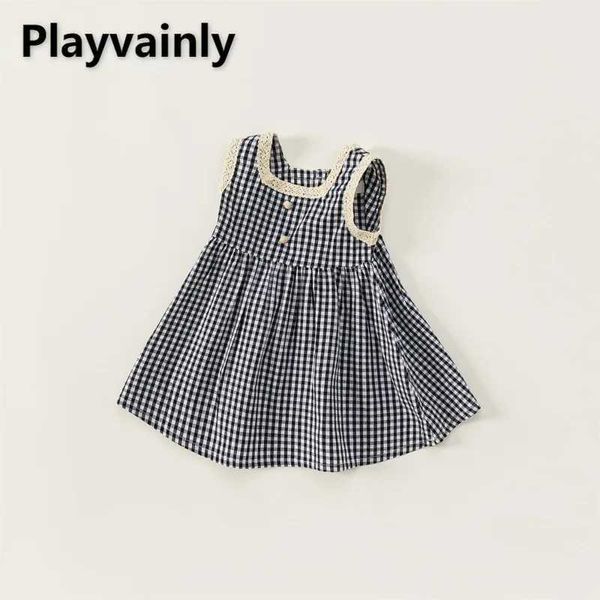 Vestidos de menina estilo coreano verão bebê meninas vestido de colete preto xadrez de renda branca de renda de colarinho quadrado de colarinho sem mangas roupas de crianças h240507