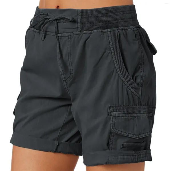 Frauen Shorts Ladies Fracht Sommer Lose Wandern mit Tasche Feste Farbe Dünnstil Dachzug elastischer Taille Freizeit Mode