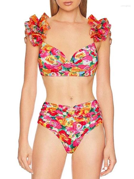 Swimwear femminile 2024 Swim costume da bagno in bikini stampato in moda spingendo sexy bikini femminile con corpo diviso sexy con gonna da spiaggia di copertina in chiffon