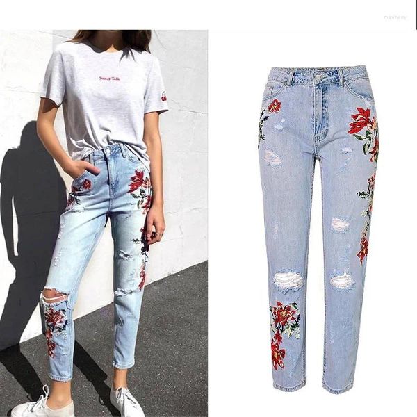 Kadınlar Kot Style Women's Jeanswomen'in İlkbahar ve Sonbahar Yüksek Beled Street Ins Net Kırmızısı Aynı Nakış Yıkanmış Yıkılmış Denim C